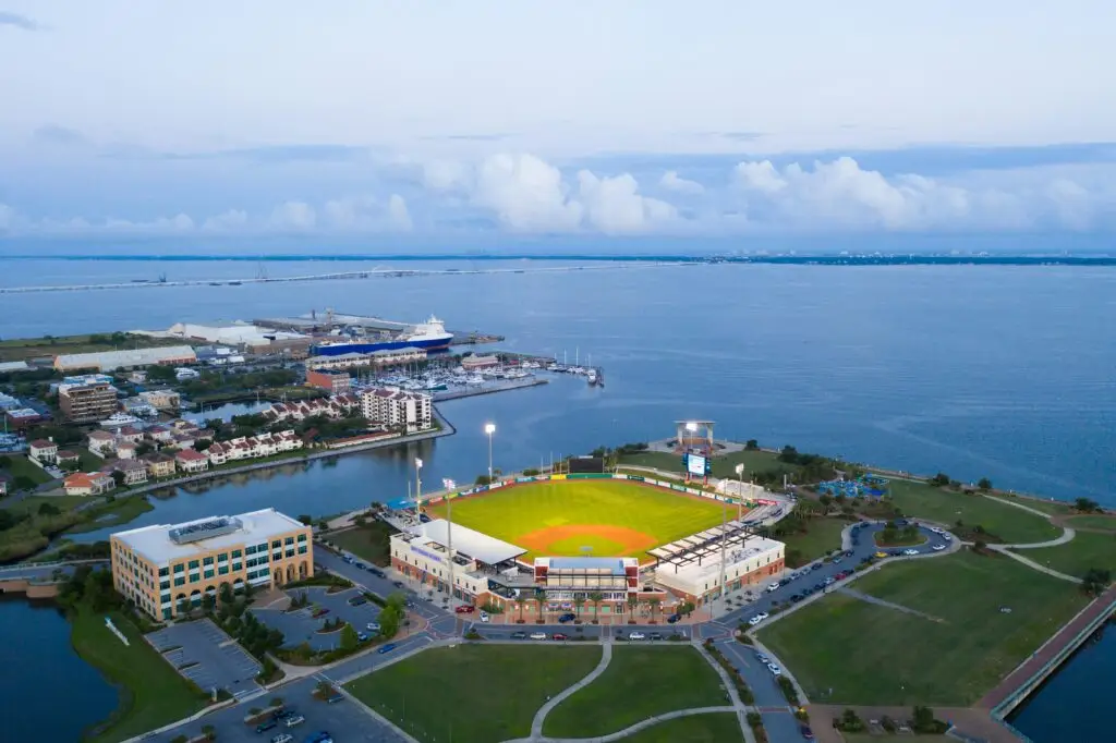 Pensacola waterfront and Blue Wahoos Stadium overlooking Pensacola Bay