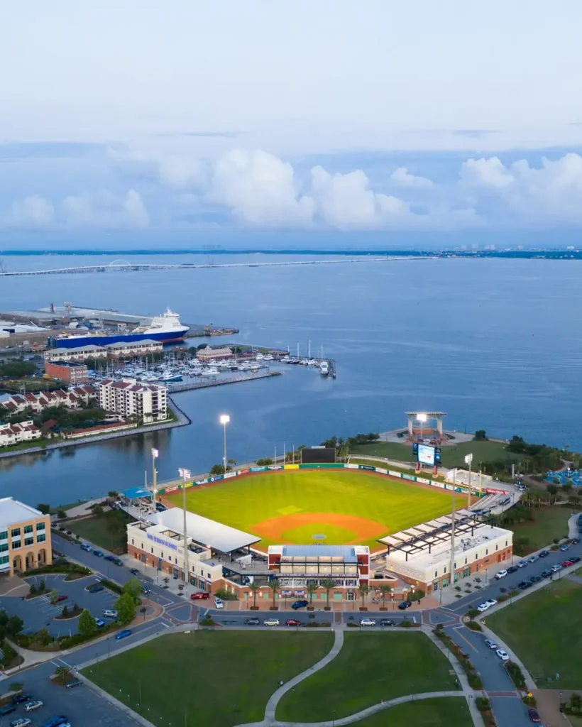 Pensacola waterfront and Blue Wahoos Stadium overlooking Pensacola Bay